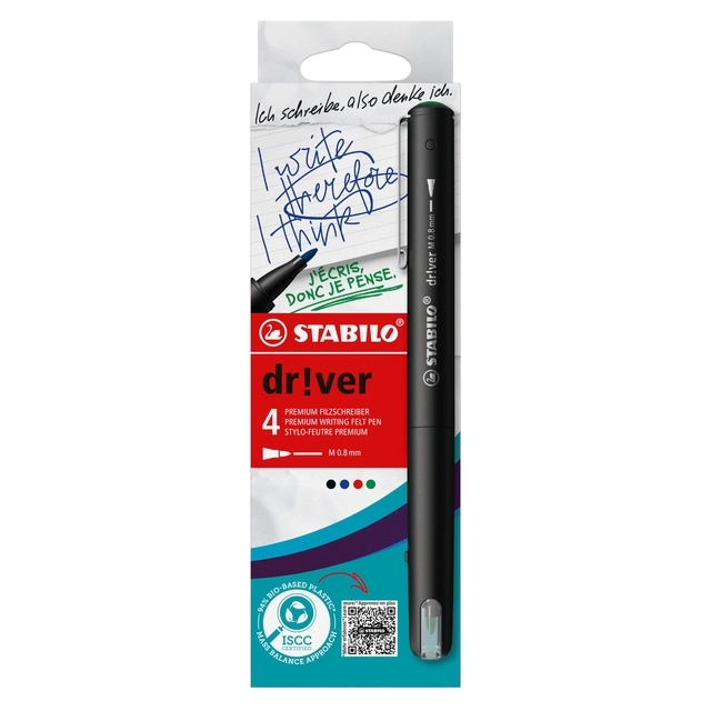 Een Fineliner STABILO dr!ver medium assorti 4 stuks koop je bij Clippz! Office Supplies