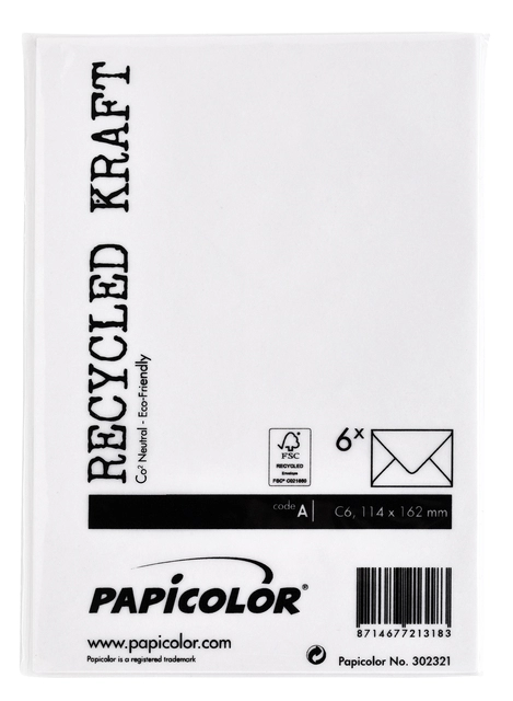 Een Envelop Papicolor C6 114x162mm kraft wit pak à 6 stuks koop je bij Hoekmankantoorartikelen.nl