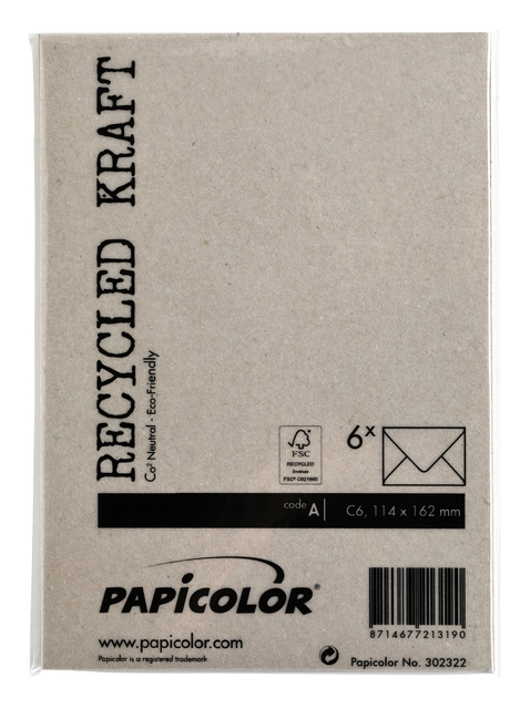 Een Envelop Papicolor C6 114x162mm kraft grijs pak à 6 stuks koop je bij Hoekmankantoorartikelen.nl