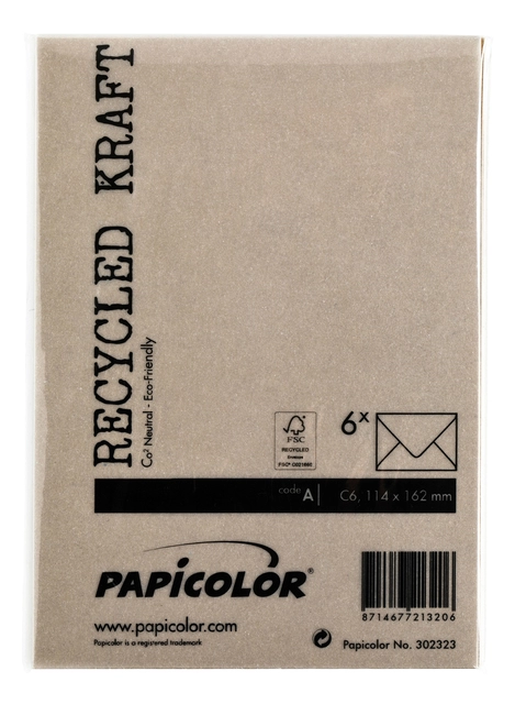 Een Envelop Papicolor C6 114x162mm kraft bruin pak à 6 stuks koop je bij Hoekmankantoorartikelen.nl