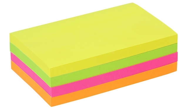 Een Memoblok Quantore 76x127mm neon assorti 4 kleuren 400 vel koop je bij Hoekmankantoorartikelen.nl