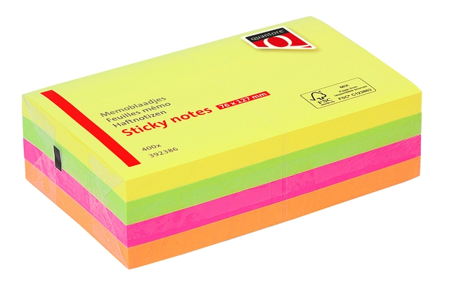 Een Memoblok Quantore 76x127mm neon assorti 4 kleuren 400 vel koop je bij Hoekmankantoorartikelen.nl