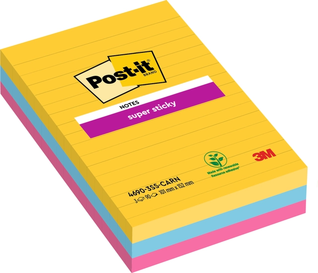 Een Memoblok Post-it 4690 Super Sticky 101x152mm lijn Carnival 3 stuks koop je bij Hoekmankantoorartikelen.nl