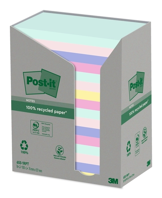 Een Memoblok Post-it 655-RPT 76x127mm recycled rainbow pastel 16 stuks koop je bij Hoekmankantoorartikelen.nl