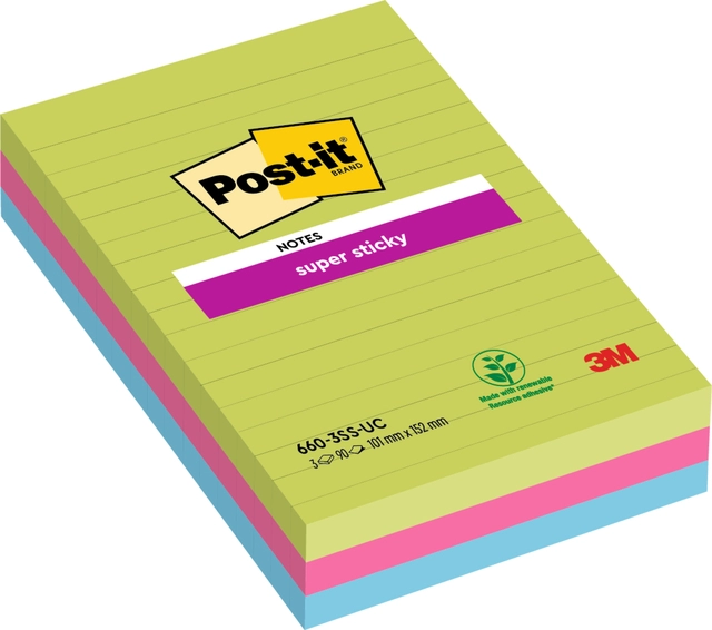 Een Memoblok Post-it 660 Super Sticky 102x152mm lijn rainbow 3 stuks koop je bij Hoekmankantoorartikelen.nl