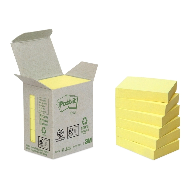 Een Memoblok Post-it 653-1B recycled 38x51mm canary yellow 6 stuks koop je bij Hoekmankantoorartikelen.nl