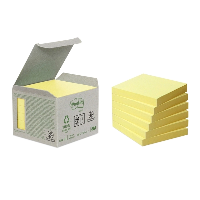 Een Memoblok Post-it 654-1B 76x76mm recycled geel 6 stuks koop je bij Hoekmankantoorartikelen.nl