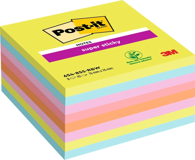 Een Memoblok Post-it 654 Super Sticky 76x76mm rainbow 8 stuks koop je bij Hoekmankantoorartikelen.nl