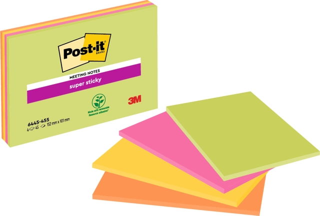 Een Memoblok Post-it 6445 Super Sticky 152x101mm assorti 4 stuks koop je bij Hoekmankantoorartikelen.nl