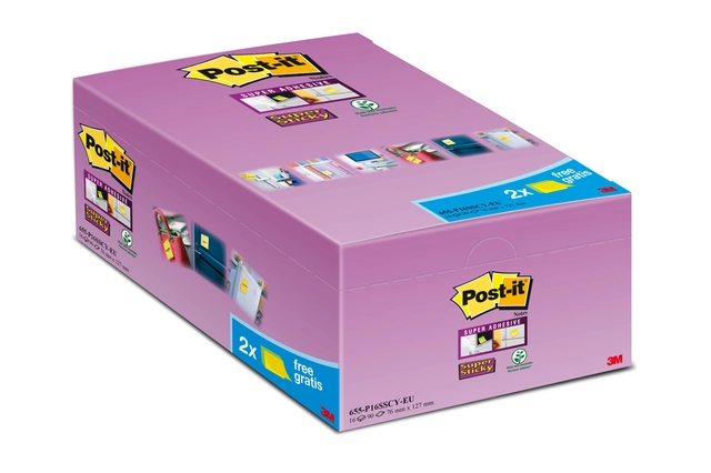 Een Memoblok Post-it 655 Super Sticky 76x127mm geel 14+2 gratis koop je bij Hoekmankantoorartikelen.nl