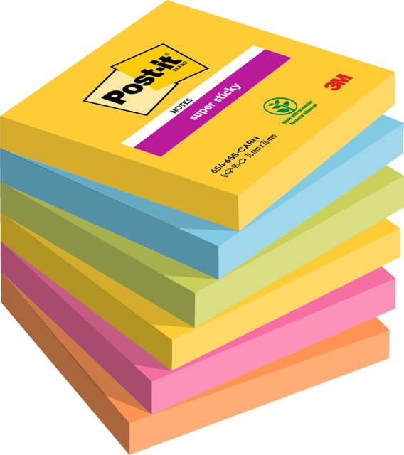 Een Memoblok Post-it 654 Super Sticky 76x76mm Carnival 6 stuks koop je bij Hoekmankantoorartikelen.nl