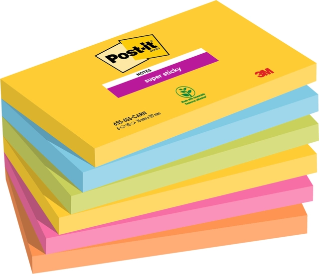 Een Memoblok Post-it 655 Super Sticky 76x127mm Carnival 6 stuks koop je bij Hoekmankantoorartikelen.nl