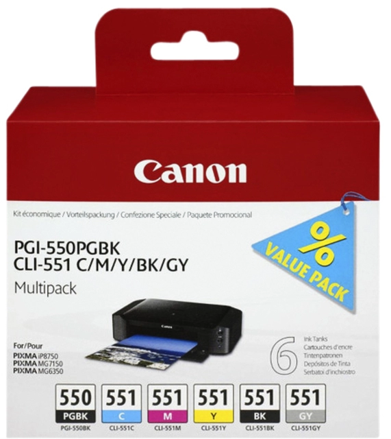 Een Inktcartridge Canon PGI-550 + CLI-551 zwart + 5 kleuren koop je bij VHK Kantoorartikelen