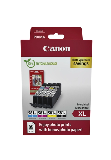 Een Inktcartridge Canon CLI-581XL 4 kleuren +50 vel fotopapier 10x15cm koop je bij VHK Kantoorartikelen