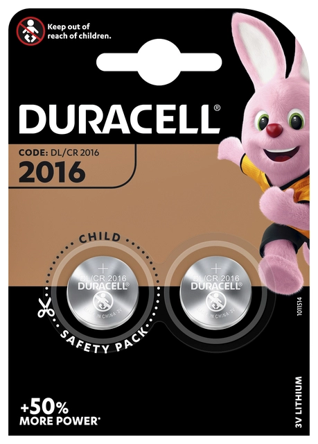 Een Batterij Duracell knoopcel 2xCR2016 lithium Ø20mm 3V-90mAh koop je bij VHK Kantoorartikelen