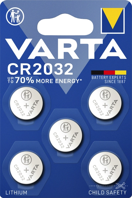 Een Batterij Varta knoopcel CR2032 lithium blister à 5stuk koop je bij VHK Kantoorartikelen