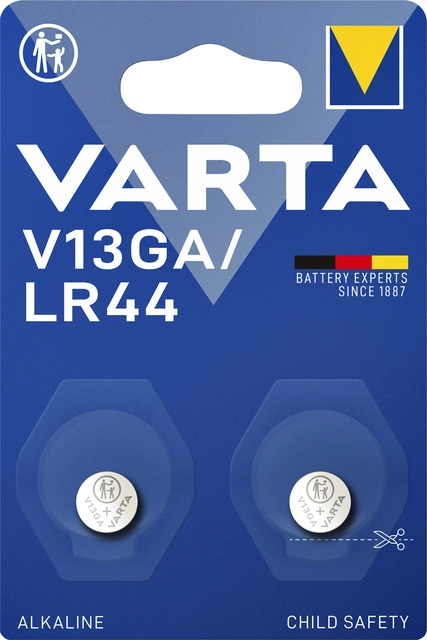 Een Batterij Varta knoopcel V13GA alkaline blister à 2stuk koop je bij Hoekmankantoorartikelen.nl