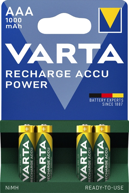 Een Batterij oplaadbaar Varta 4xAAA 1000mAh ready2use koop je bij VHK Kantoorartikelen