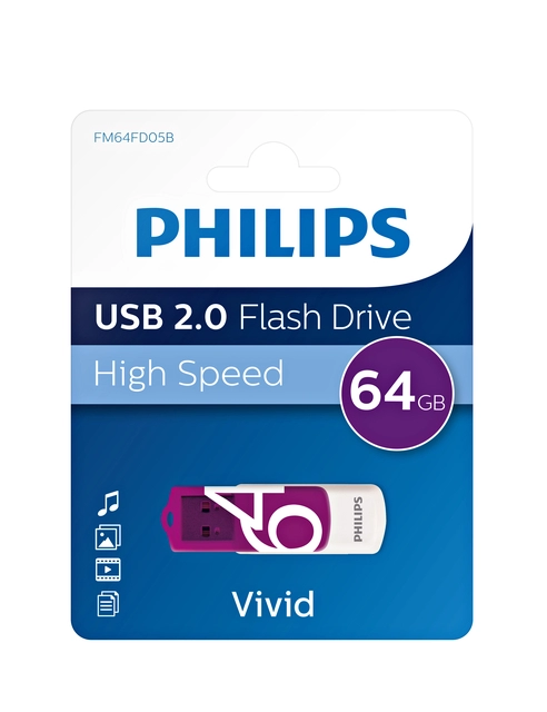 Een USB-stick 2.0 Philips vivid edition magic purple 64GB koop je bij VHK Kantoorartikelen