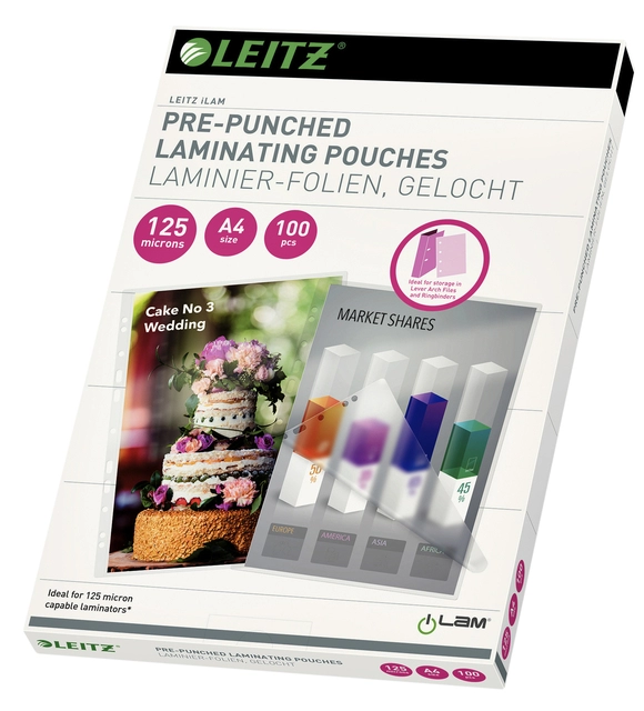 Een Lamineerhoes Leitz iLAM A4 met perforatieband 2x125micron EVA 100 stuks koop je bij Hoekmankantoorartikelen.nl