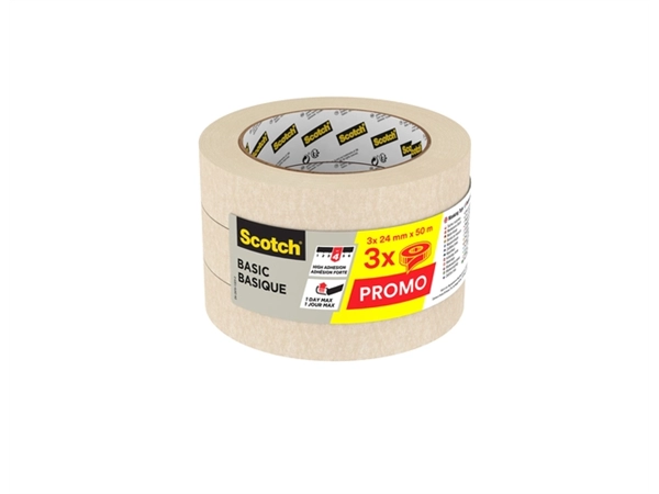 Een Afplaktape Scotch Basic 24mmx50m beige 3 rollen koop je bij Hoekmankantoorartikelen.nl