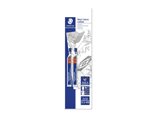 Een Potloodstift Staedtler Mars Carbon Micro 0.5mm HB blister 2 stuks koop je bij Hoekmankantoorartikelen.nl