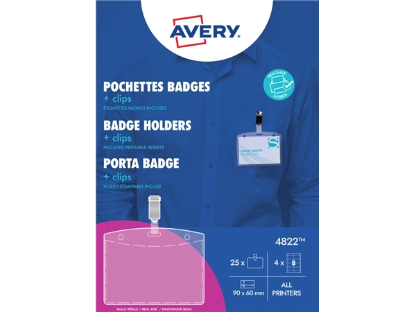 Een Badge Avery met clip 4822 60x90mm 25 stuks + 32 insteekkaarten koop je bij VHK Kantoorartikelen