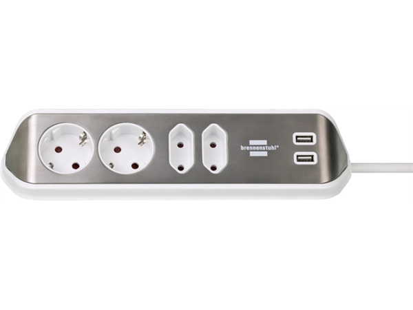 Een Stekkerdoos Brennenstuhl bureau Estilo 4 voudig inclusief 2 USB 2 meter wit/zilver koop je bij Hoekmankantoorartikelen.nl