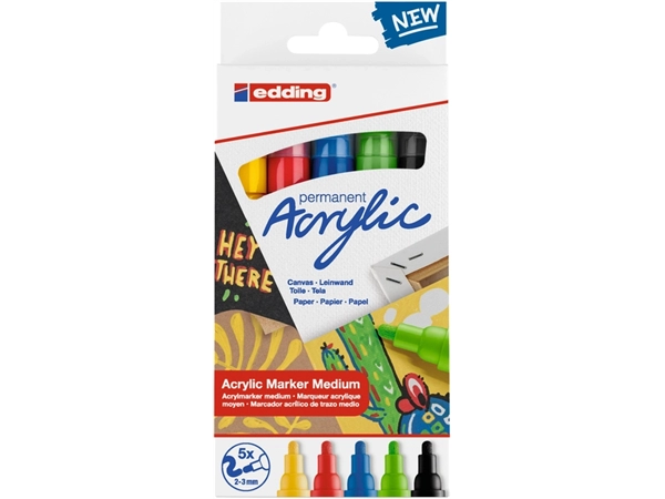 Een Acrylmarker edding e-5100 medium basis assorti set à 5 stuks koop je bij VHK Kantoorartikelen