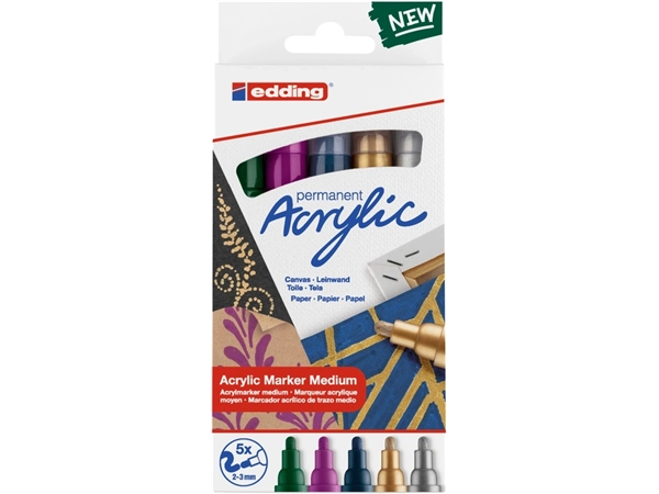 Een Acrylmarker edding e-5100 medium metallic assorti set à 5 stuks koop je bij VHK Kantoorartikelen