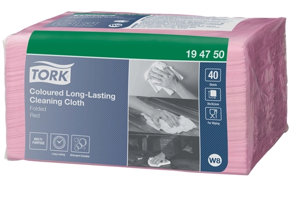 Een Reiningingsdoek Tork Long Lasting W8 multifunctioneel 40 stuks rood 194750 koop je bij Hoekmankantoorartikelen.nl