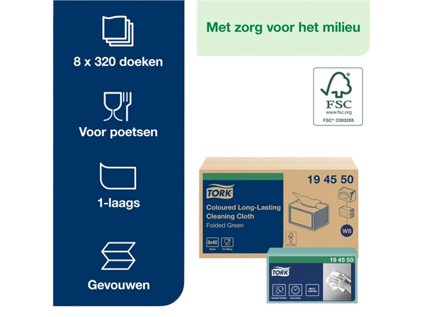 Een Reinigingsdoek Tork W8 Premium 1-laags 8x40 vel groen 194550 koop je bij Continu Kantoor