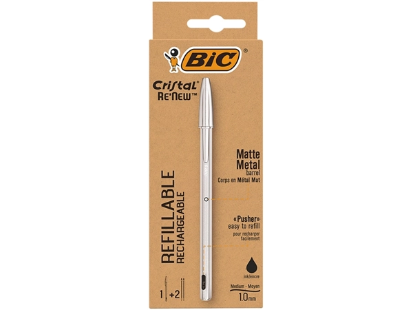 Een Balpen Bic Cristal Re-new medium zwart blister à 1 balpen + 2 vullingen koop je bij VHK Kantoorartikelen