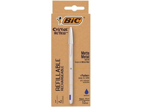 Een Balpen Bic Cristal Re-new medium blauw blister à 1 balpen + 2 vullingen koop je bij VHK Kantoorartikelen