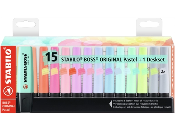 Een Markeerstift STABILO BOSS Original 70/15 pastel assorti deskset à 15 stuks koop je bij VHK Kantoorartikelen