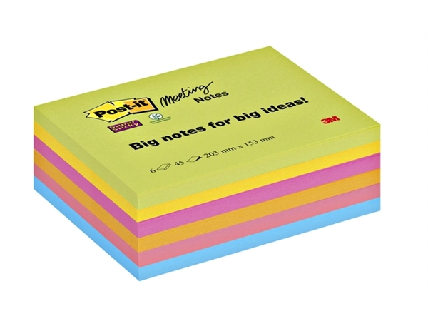 Een Memoblok Post-it 8645 Super Sticky 203x153mm assorti 6 stuks koop je bij Hoekmankantoorartikelen.nl