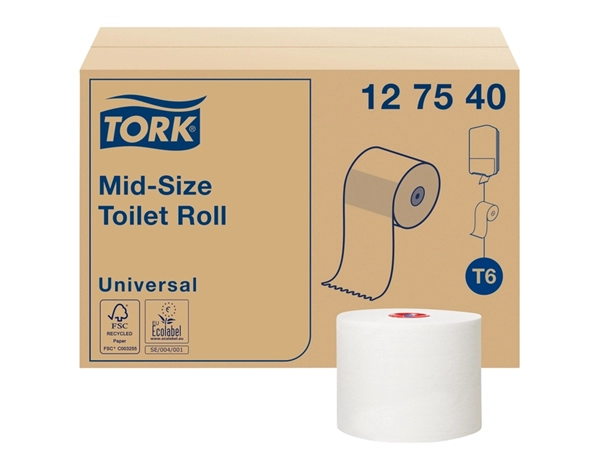 Een Toiletpapier Tork Mid-size T6 Universal 1-laags 135m wit 127540 koop je bij VHK Kantoorartikelen