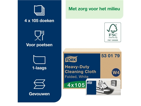 Een Reinigingsdoek Tork W4 Premium Heavy-Duty gevouwen 1-laags 4x105 vel wit 530179 koop je bij Continu Kantoor