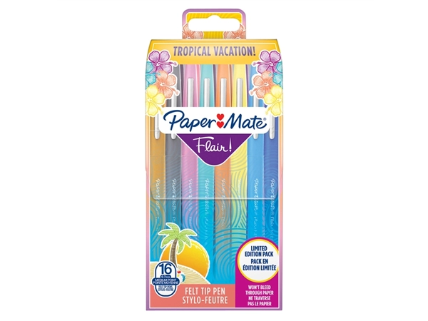 Een Fineliner Paper Mate Flair Tropical Vacation! medium assorti blister à 16 stuks koop je bij VHK Kantoorartikelen