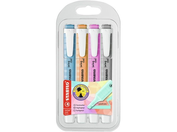 Een Markeerstift STABILO Swing cool 275/4 pastel assorti etui à 4 stuks koop je bij VHK Kantoorartikelen