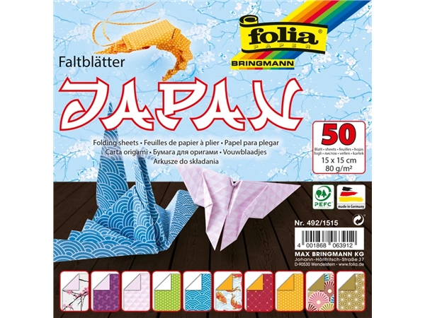 Een Vouwblaadjes Folia 80gr 15x15cm 50 vel 2-zijdig Japan 10 designs assorti kleuren koop je bij VHK Kantoorartikelen