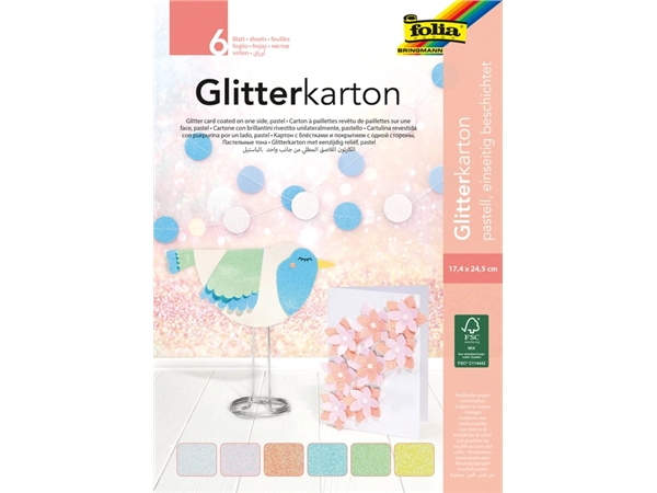 Een Glitterkarton Folia 174x245mm 6 vel pastel assorti koop je bij VHK Kantoorartikelen