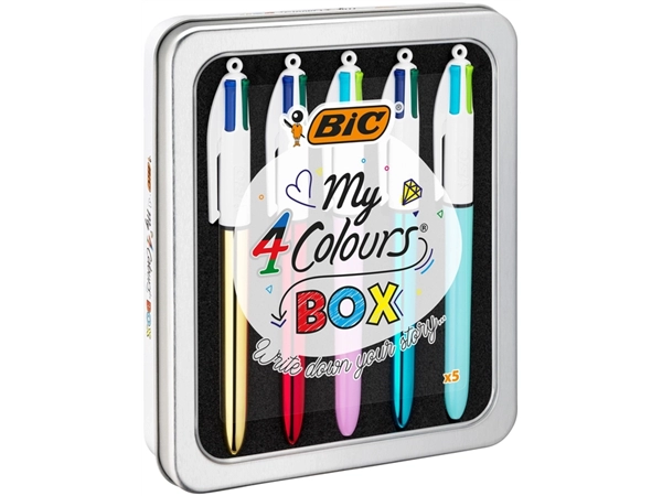 Een Balpen Bic 4kleuren My Bic medium assorti blik à 5 stuks koop je bij VHK Kantoorartikelen