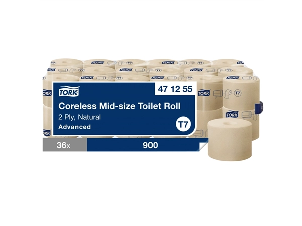 Een Toiletpapier Tork T7 hulsloos Natural Advanced midsize 2-laags 900vel 472155 koop je bij VHK Kantoorartikelen