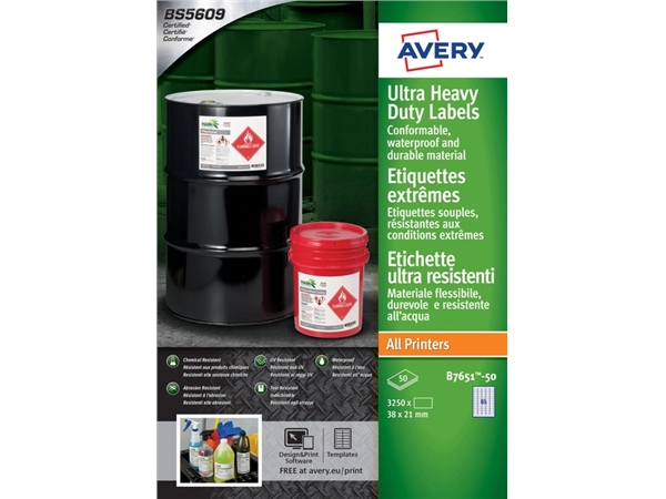 Een Etiket Avery B7651-50 38x21mm polyethyleen wit 3250stuks koop je bij VHK Kantoorartikelen