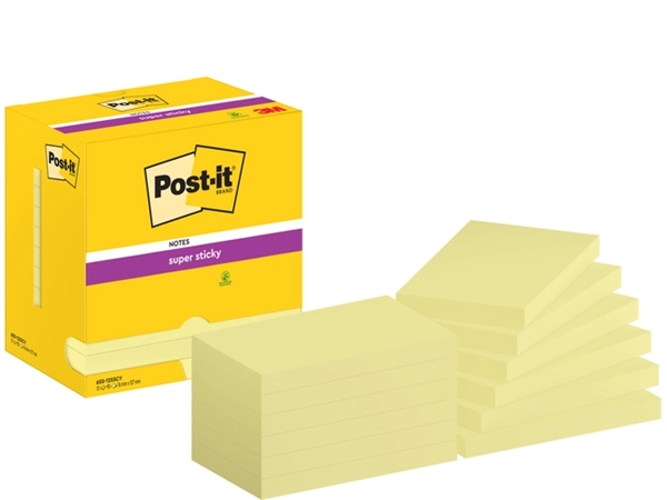 Een Memoblok Post-it 655 Super Sticky 76x127mm Canary yellow 12 stuks koop je bij Hoekmankantoorartikelen.nl