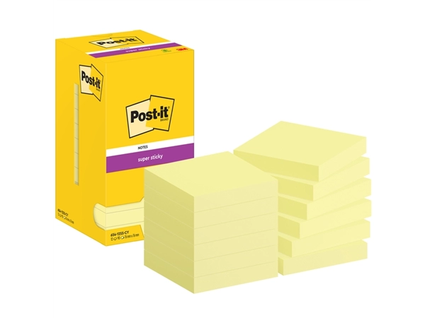 Een Memoblok Post-it 654 Super Sticky 76x76mm canary yellow 12 stuks koop je bij Hoekmankantoorartikelen.nl