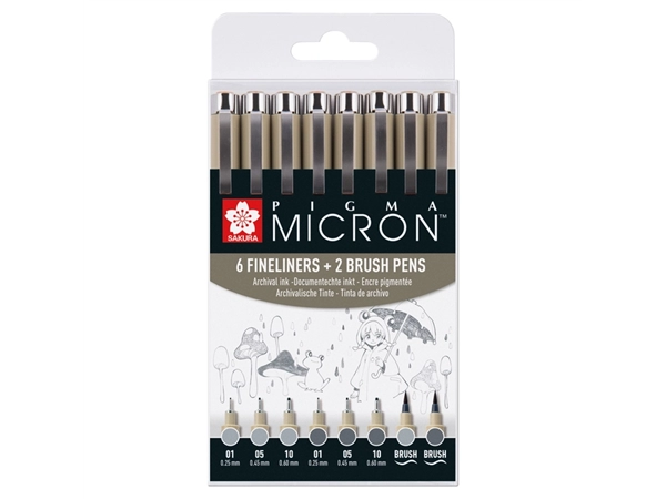 Een Fineliner en brushpen Sakura Pigma Micron koudgrijs set à 8 stuks assorti koop je bij Hoekmankantoorartikelen.nl