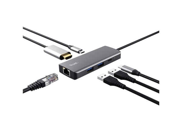 Een Adapter Trust DALYX 6-in-1 USB-C multipoort grijs koop je bij Continu Kantoor