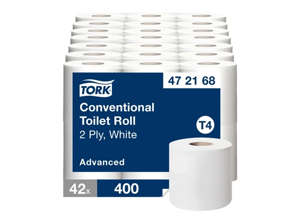 Een Toiletpapier Tork T4 advanced 2-laags 400vel wit 472168 koop je bij VHK Kantoorartikelen